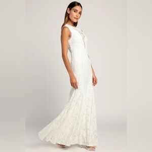 Lulus “New When I'm With You” White Lace Backless Mermaid Maxi Dress Gown Large